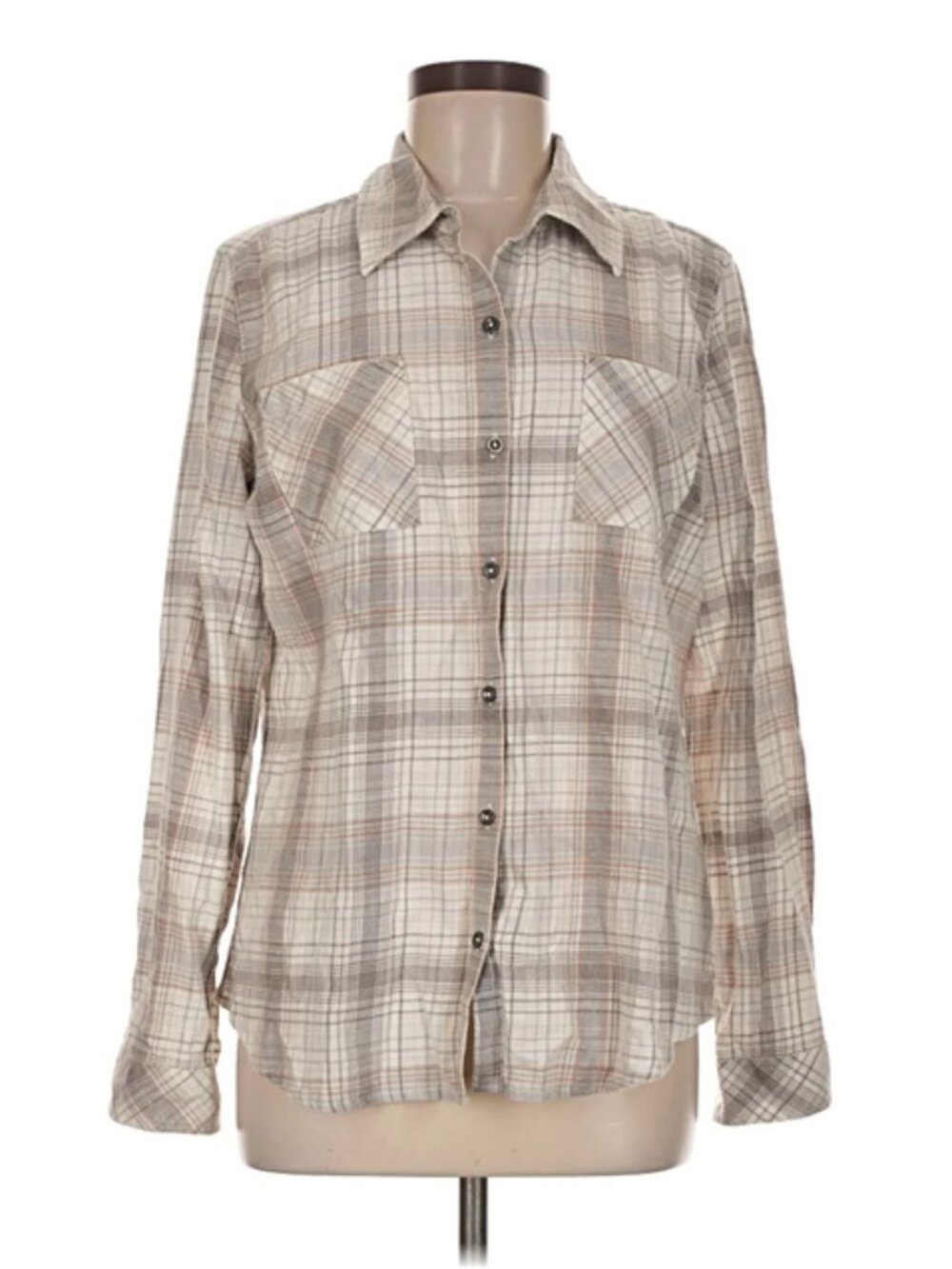 Natural Reflections Women’s Plaid Acid Wash Shirt Egret Size Small